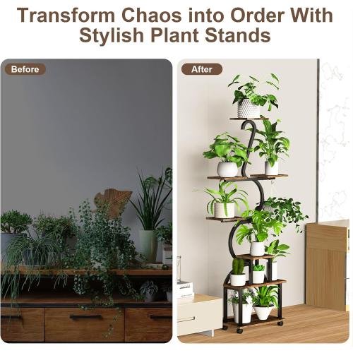 Brown and Black Plant Stand with Grow Lights, 8 Tiered 64 Corner Plant Stand, Metal Plant Shelf Indoor with Wheel, Large Plant Stands, Flower Rack Display for Living Room, Garden, Patio-Thick 1.2MM Steel Frame