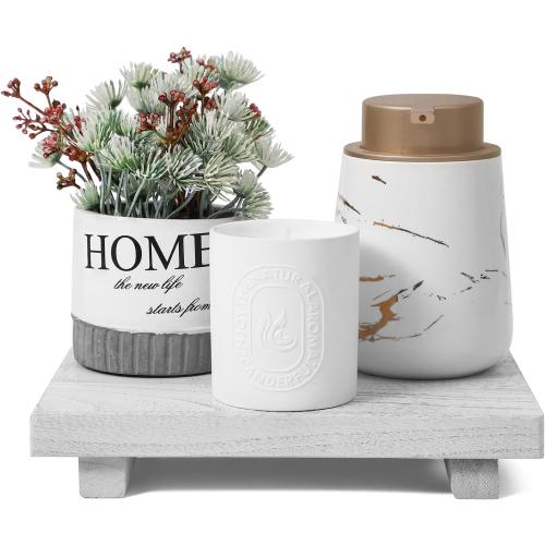 zoocatia Small Wood Tray Pedestal Stand Farmhouse Bathroom Decor Decorative Wooden Riser Kitchen Soap Dish Holder for Vanity, Counter, Sink, 9 x 5.9 - White