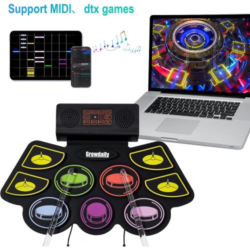 Electric Kids Drum Set,Electronic Drum Set Practice 9 Pads With Stand,Music Recording,Light Up Drum Sticks,Drum Pedal,Midi,Dual Stereo Speaker(Rainbow)