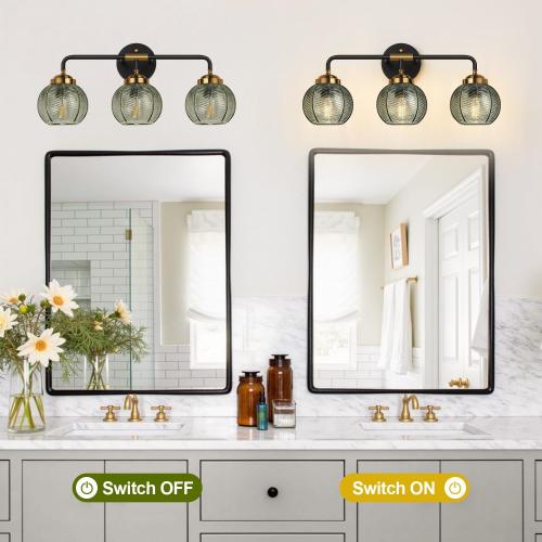 Bathroom Light Fixtures, 3-Light Green Vanity Lights with Unique Leaf Texture Glass Shade, Modern Matte Black and Gold Bathroom Wall Lamp for Mirror Hallway Cabinet Living Room