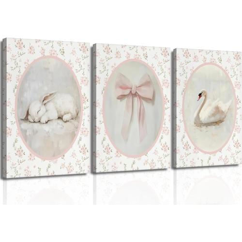 3Pcs Pink Vintage Nursery Canvas Wall Art Cute Animal Rabbit Swan Bow Flower Posters Prints Baby Girl Room Picture Wall Decor for Girls Room Bedroom Decorations Ready To Hang