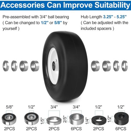 13x5.00-6 Flat Free Lawn Mower Tires and Wheels 3/4 5/8 1/2 Ball Bearings, 13x5x6 Zero Turn Mower Front Tires, Smooth Tires for Commercial Grade Lawn 3.25-5.25 Adjustable Centered Hub