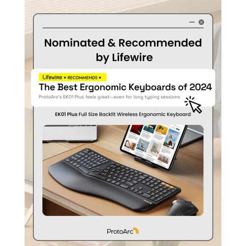 ProtoArc Backlit Bluetooth Ergonomic Keyboard, EK01 Plus Full Size Wireless Split Keyboard with Dual Bluetooth and USB, Cushioned Wrist Rest, Rechargeable, Compatible with Windows/Mac/Android, Black