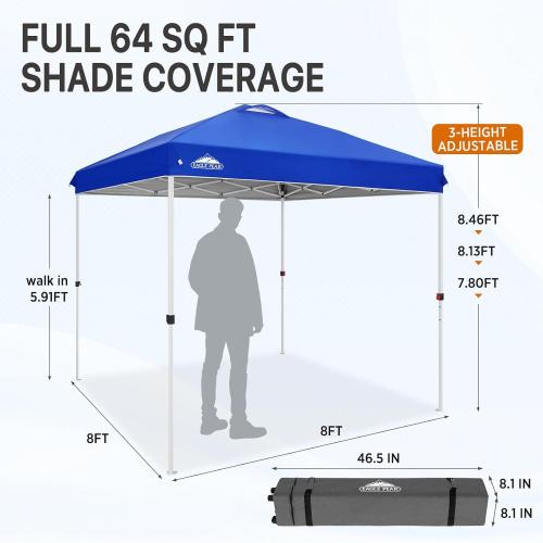 EAGLE PEAK Pop Up Canopy Tent with Wheeled Carry Bag, 8 Stakes, 4 Ropes, Easy Set Up Tent Canopy, 8x8 ft, Blue