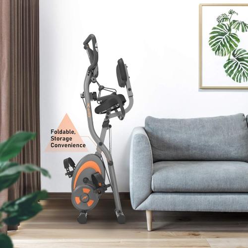 leikefitness Folding Stationary Bike Recumbent Exercise Bike | w/Arm Resistance Bands-Pulse Sensor-LCD Monitor and Easy to Assemble Indoor Cycling Bike