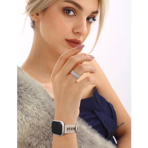 Minyee Leather Band Compatible with Apple Watch Bands 38/40/41/42/44/45/46/49mm Women, Dressy Premium Leather Strap with Stainless Steel Metal Chain for iWatch Series 11 10 9 8 7 6 5 4 SE/Ultra 3 2 1