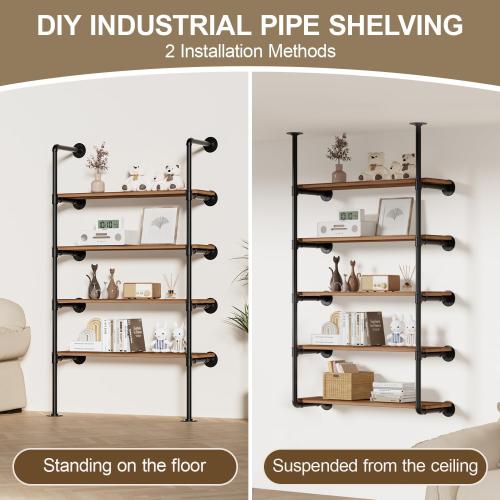 Industrial Iron Pipe Shelving Wall-Mount(No Plank): 5-Tier DIY Open Bookshelf - Iron Pipe Storage Shelves