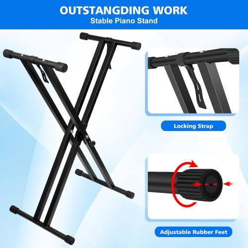 Black Keyboard Stand, Height Adjustable Keyboard Stand, Keyboard Stand with Quick Release Mechanism, Double X Foldable Heavy Duty Instrument Stand with Locking Straps for 54-61-88 Key Electronic Pianos