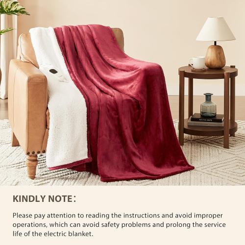 Homemate Heated Blanket Electric Throw - 50x60 Heating Blanket Throw 1/2/4/6/8 Hours Auto-Off 10 Heat Level Over-Heat Protection Flannel Sherpa ETL Certification