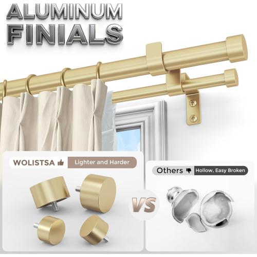 Gold Double Curtain Rod, Dual Curtain Rods with Aluminium Modern End Cap Finials Adjustable Heavy Duty Window Treatment Rods, Telescopic Metal Double Drapery Pole Set