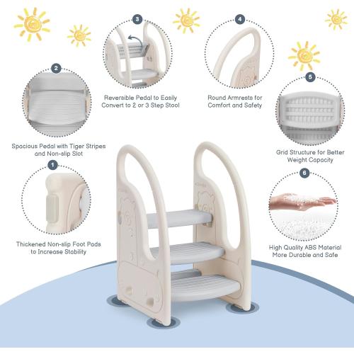 Size 3 step Color Grey Toddler 3 Step Stool Onasti Kids Standing Tower for Toddlers Plastic Learning Helper Stool for Kitchen Counter Bathroom Sink Toilet Potty Training with Handles and Non-Slip Pads-Grey White