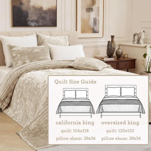 Quilt Set Oversized King Size 120x120 Luxurious Velvet Bedding Sets with 2 Pillow Shams 20x36 3 Pieces Ultra Soft Quilted Striped Bedspread Coverlet Comforter for All Season,Beige | for sensitive skin