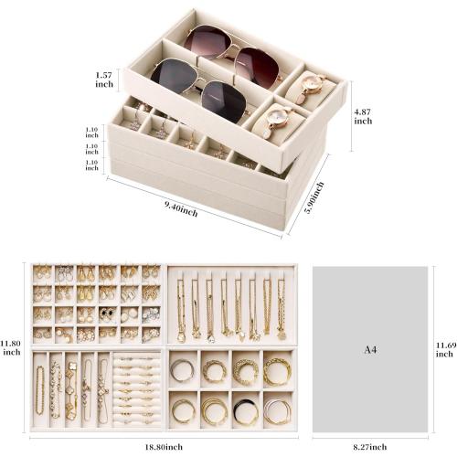 Velvet Jewelry Drawer Organizer Trays – 4-Layer Stackable Jewelry Storage Inserts Set, Beige Jewelry Tray Set for Earrings, Rings, Necklaces, Bracelets with Removable Dividers for Dresser & Vanity