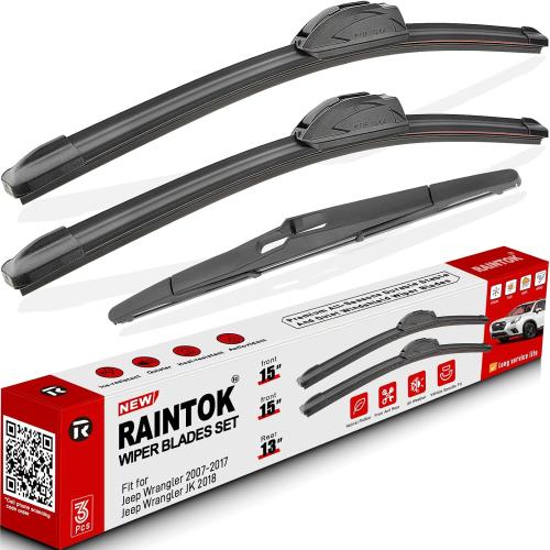 Windshield Wiper Blades Replacement for 2007-2017 Jeep Wrangler 2008-2018 Wrangler JK Original Factory Quality Front Rear Wipers Blade Set for My Car - 15 15 13 (Pack of 3)