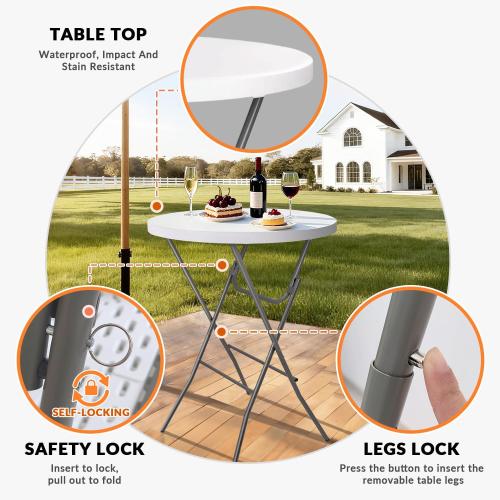 2PCS Cocktail Table 28in Folding Round High Top Indoor Outdoor with Removable Legs, Tall Bistro Foldable Bar Height Table for Parties, Patio, Backyard, Dining, Wedding, White