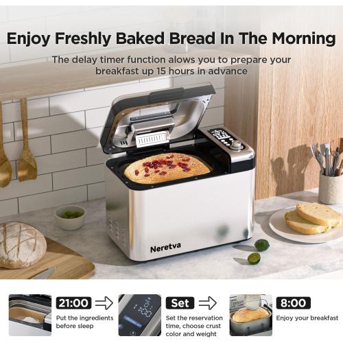 Neretva Bread Maker, 3.3LB Larger Bread Machine 15-in-1 Stainless Steel & Nonstick Ceramic Pan & Auto Nut Dispenser Breadmaker Machines Full Touch Panel with Gluten Free White Wheat Rye French Pizza