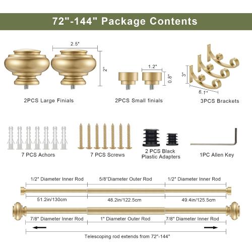 Double Curtain Rods 72 to 144 Inches with Solid Aluminum Alloy Brackets, 1 Inch Adjustable Drapery Rod, Heavy Duty Dual Curtains Rod for Window, Sliding Door, Bedroom Decoration, Warm Gold