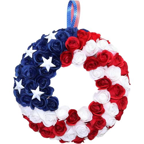 Silk Roses 4th of July Wreath, Red White Blue Patriotic Wreaths for Front Door, Memorial & Independence Day Decorations, Americana Decor for Front Porch Wall Window Indoor Outdoor (13”)