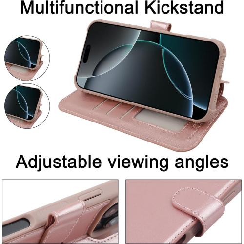 VANAVAGY Compatible for iPhone 16 Pro Max Wallet Case, PU Leather Flip Cover with Wrist Strap RFID Blocking Card Holder for Wireless Charging, [Screen Protector & Camera Cover],Rose Gold