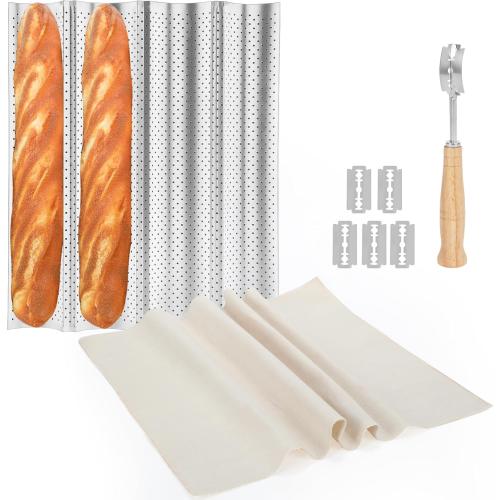 Silver French Baguette Bread Pan Kit, Non-Stick Baguette Tray with Proofing Cloth, Bread Lame for Baking