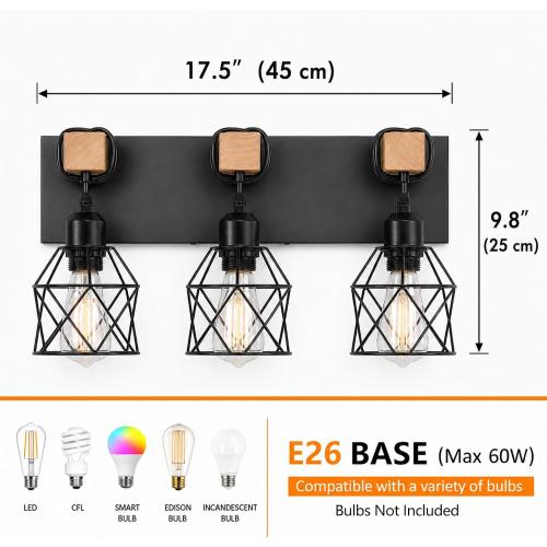 Farmhouse Bathroom Light Fixtures, 3-Light Vanity Lights for Bathroom, Black Wood Bathroom Lighting Over Mirror with Metal Shades, Bulbs Not Included