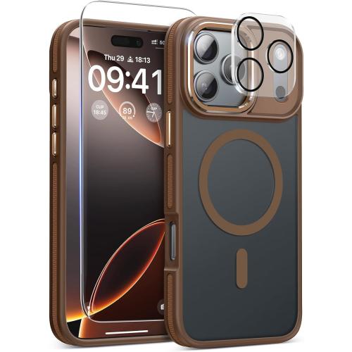 Magnetic 3 in 1 for iPhone 17 Pro Case, [Omni-Directional Protection] with 1x Screen Protector   1x Camera Cover, [Seamless Work with Magsafe] Shockproof Slim Thin Matte Case for iPhone 17 Pro Brown