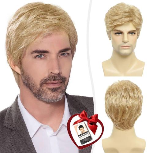 Mens Blonde Wig Short Natural Fluffy Layered Synthetic Wavy Hair Wigs for Men Male Daily Halloween