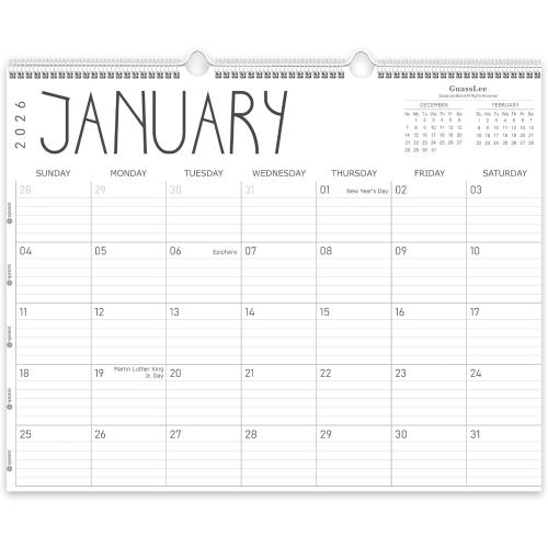 Guasslee Large Wall Calendar 2026, 12 Monthly Calendar from 2026 January-December 2026 Jumbo 22x17 Hanging Desk/Wall Planner with Spiral Bound for School Home Office Organizing