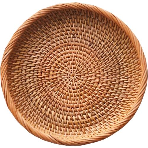 Small Rattan Fruit Bowl & Wicker Entryway Tray - Handwoven Round Basket for Candy, Nuts, Keys & Tabletop Decor - Decorative Catch-All Organizer for Home and Office