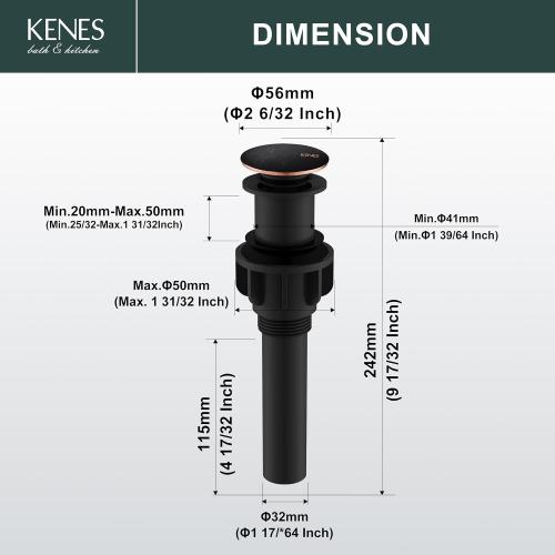 KENES Oil Rubbed Bronze Pop Up Bathroom Sink Drain Stopper Without Overflow
