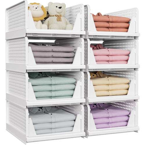 SNSLXH 5 Pack Stackable Closet Storage Basket, Multifunctional & Foldable Closet Organizer for Bathroom Kitchen Laundry Room Wardrobe Storage, Space-Saving Clothes Storage Drawer Organizer, White