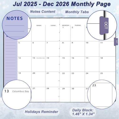 Day Planner 2025-2026, Hardcover Weekly & Monthly Planner from Jul 2025-Dec 2026, 18 Month Calendar 2025 with Tabs & Pocket, A5 Size, Black
