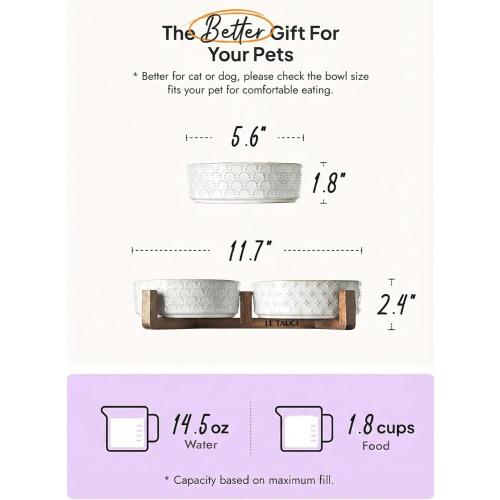 LE TAUCI Dog Bowl Set with Acacia Wood Stand - 1.8-Cup Ceramic Puppy Bowls for Small Dogs, Dual Food and Water Bowls with Weighted Non-Slip Base