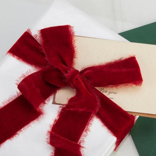 Red Velvet Ribbon for Christmas Tree - 1 1/2 inch Wide Handmade Fringe Fabric Ribbons for Gift Wrapping, Baby Shower, Flower Bouquet
