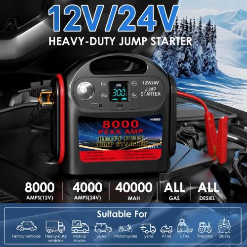 8000A 12V/24V Jump Starter for Large Gas & Diesel Engines, Heavy-Duty Portable Battery Booster Pack for Trucks, RVs & Commercial Vehicles with Force Start, Digital Display, LED Light & USB Charging