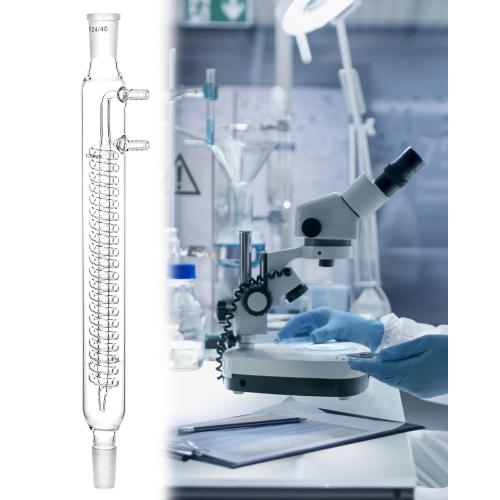 QWORK Glass Reflux Condenser 24/40 - Large Cooling Capacity, Borosilicate Glass, Organic Chemistry Lab Glassware, 175mm in Coil Length 390mm in Overall Height