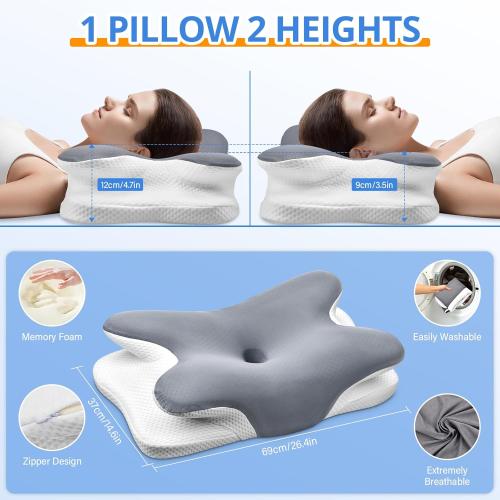 Cervical Neck Pillow, Ergonomic Memory Foam Pillows for Neck Pain Relief with Breathable Pillowcase, Adjustable Contour Neck Support Pillow for Side Back Stomach Sleepers (Gray)