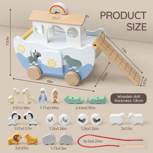 Joyreal Wooden Noah's Ark Toy for 1 Year Old Baby Boy and Girl Baptism Gift - Neutral Color Montessori Educational Toy with Animal Shape Sorter - Christian Toys for Toddler 1-3 Christmas Birthday Gift
