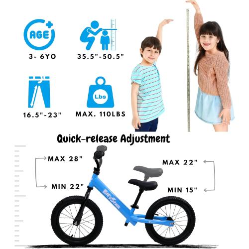 14 Inch Balance Bike for Kids 3-6 Year Old, No Pedals, Air Rubber Tires, Adjustable Height, Pedalless Bicycle for Boys, Girls, Blue