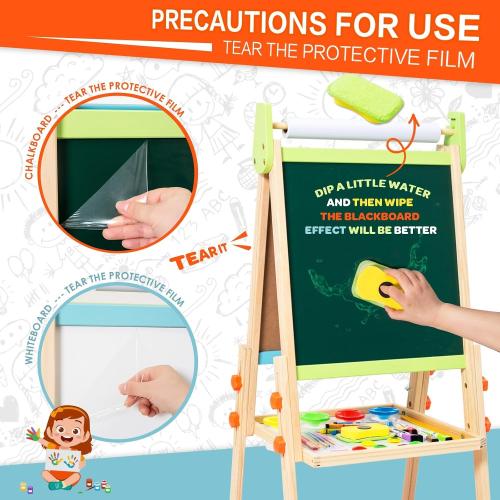 Kids Easel Including 100  Accessories, Rundad Double Sided Wooden Easel for Kids Age 3-8 with Magnetic Chalkboard & Painting Board, Free Height Adjustable Art Easel Supplies for Toddlers