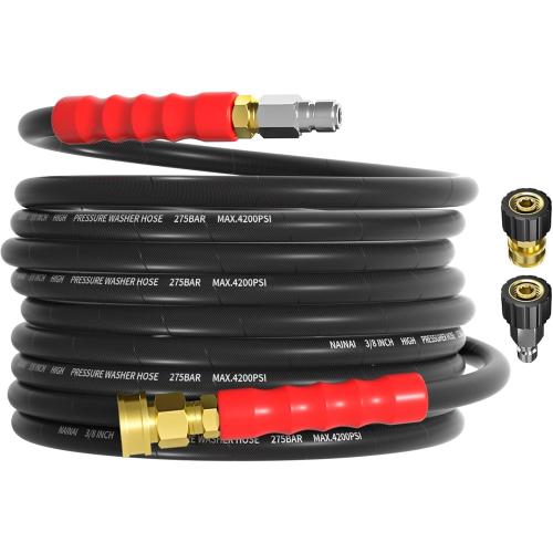 Black and Red NAINAI 3/8 Kink Resistant Pressure Washer Hose,Industrial Grade Double Layer Steel Braided & NonMarking Rubber for Hot/Cold Water Power Washer Hose With 3/8 Inch Quick Connector,4200PSI Length unknown