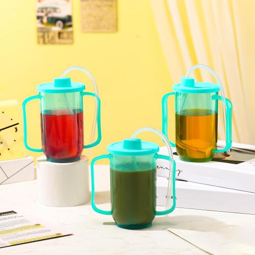 Sliner Adult Sippy Cups for Elderly 12 oz Straw Sippy Cups with 2 Handles No Spill for Adults Spill Proof Dysphagia Cup for Disabled Patients (Blue)