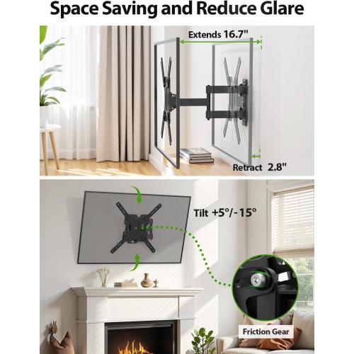 USX MOUNT UL Listed Full Motion TV Mount, Swivel Articulating Tilt TV Wall Mount for 26-55Inch LED, 4K, Wall Mount Bracket with VESA 400x400mm Up to 77lbs, Perfect Center Design -XMM006-1
