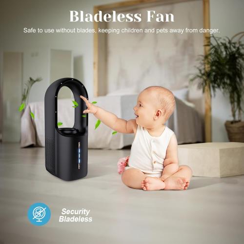 Size 11.8 Color Black Bladeless Desk Fan, 11.8 Inch Office Fan Small Quiet, Desktop Fans with 3 Wind Speed, LED Light, Silent Desk Fan Ideal for Bedroom, Office, Living Room(No Battery)