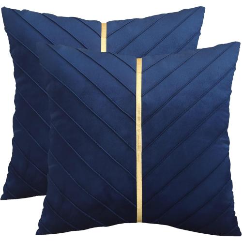 Tosleo Navy Blue Pillow Covers 18 x 18 inch Pack of 2 with Gold Leather Soft Velvet Throw Pillow Covers Decorative Couch Pillowcases Luxury Modern Pillow Cover Spring Home Decor