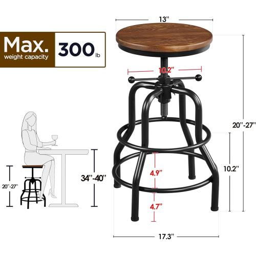 Yaheetech Industrial Vintage Counter Height Adjustable Bar Stool Rustic Metal Bar Stool with Round Wood Seat Kitchen/Dining/Cafe Chair 20-27 Inch Tall, Brown, 2PCS
