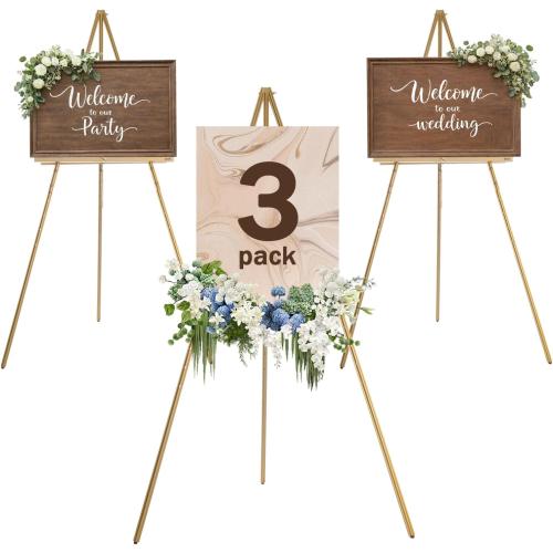 DJAR 3 Pcs 63 Wooden Easel Stand for Sign, Dual-use Adjustable Height, Wood Floor Display Easel for Wedding, Welcome Board, Poster, Picture, Photo- Gold