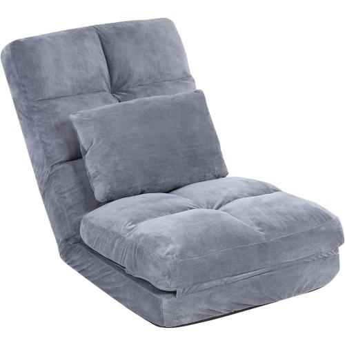 Indoor Floor Chaise Lounge Sofa Chair for Adults, 14-Angle Adjustable Recliner with Back Support & Pillow, Foldable Floor Lounger, Comfort for Living Room, Reading, Relax - Grey
