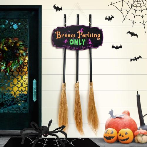 Bnesi Halloween Creative Wall Decorations, Broom Parking Sign with 3 Removable and Placeable Witches Brooms, Outdoor Front Porch or Indoor Living Room Wall Halloween Decoration (Halloween)