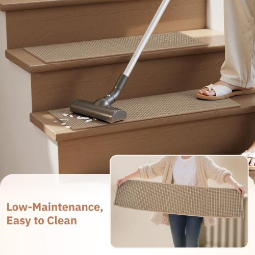 15PC Jute Stair Treads for Wooden Steps-Stairs Carpet Non Slip-Peel and Stick Stair Treads Indoor, Adhesive Staircase Step Treads Residue Free, Durable Natural Stair Runner Rug,8x30 Beige